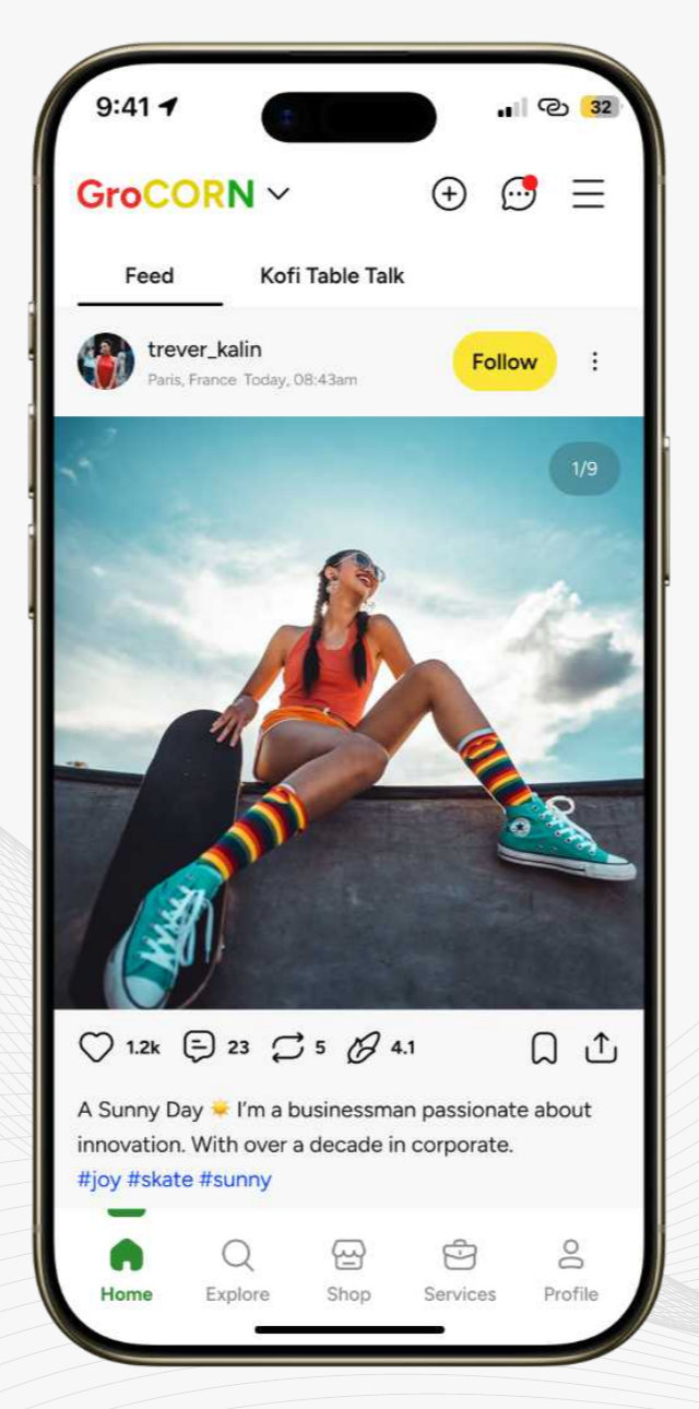 GroCORN home feed with creator posts